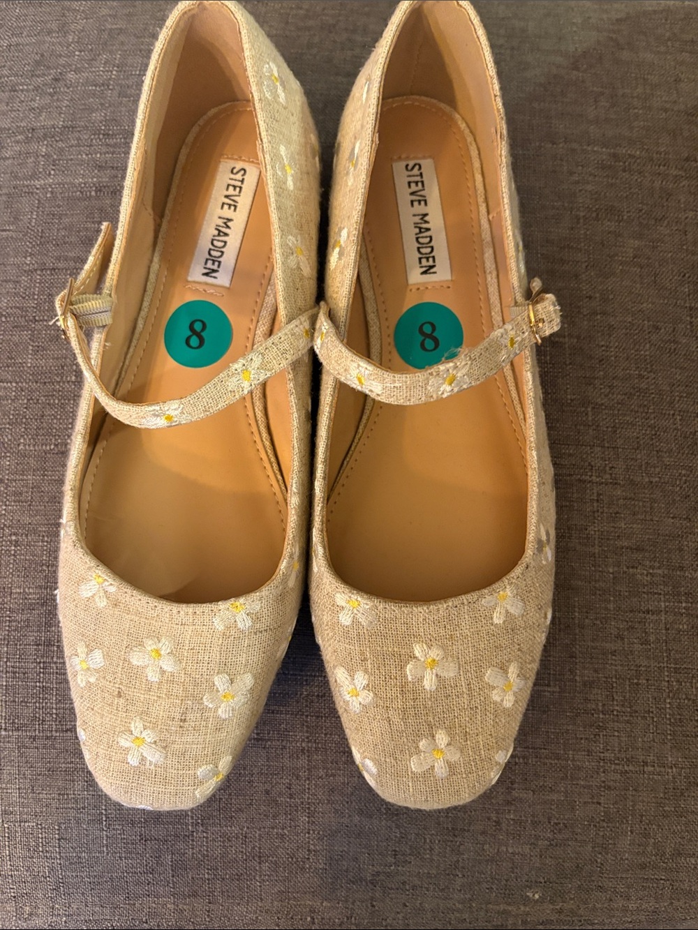 Steve Madden Beige Embroidered Daisy Mary Jane Flats